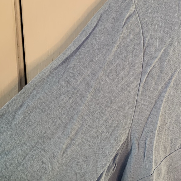 Powder blue cotton linen blend blouse with knot accent, 3:4 sleeves Size Large - Picture 4 of 8